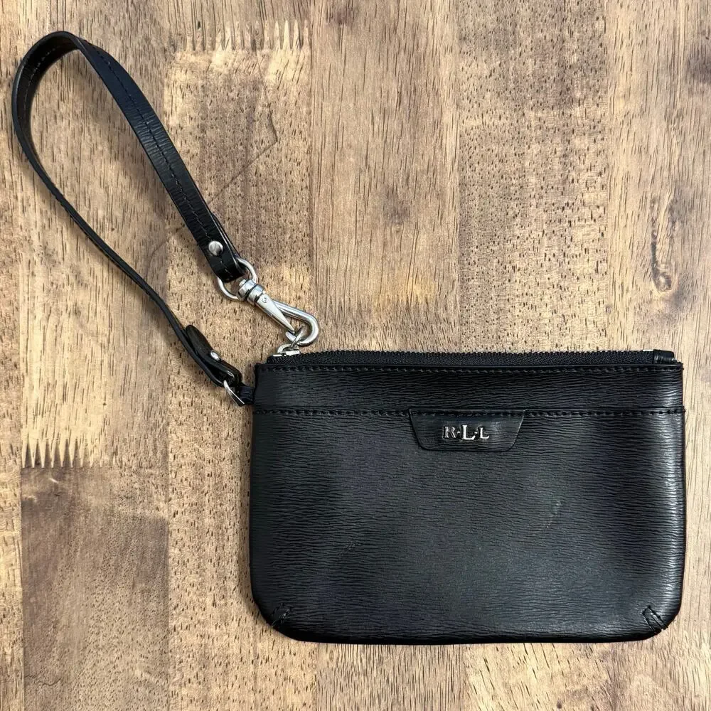 Lauren Ralph Lauren Wristlet Purse Genuine Leather Textured Zip Closure Black